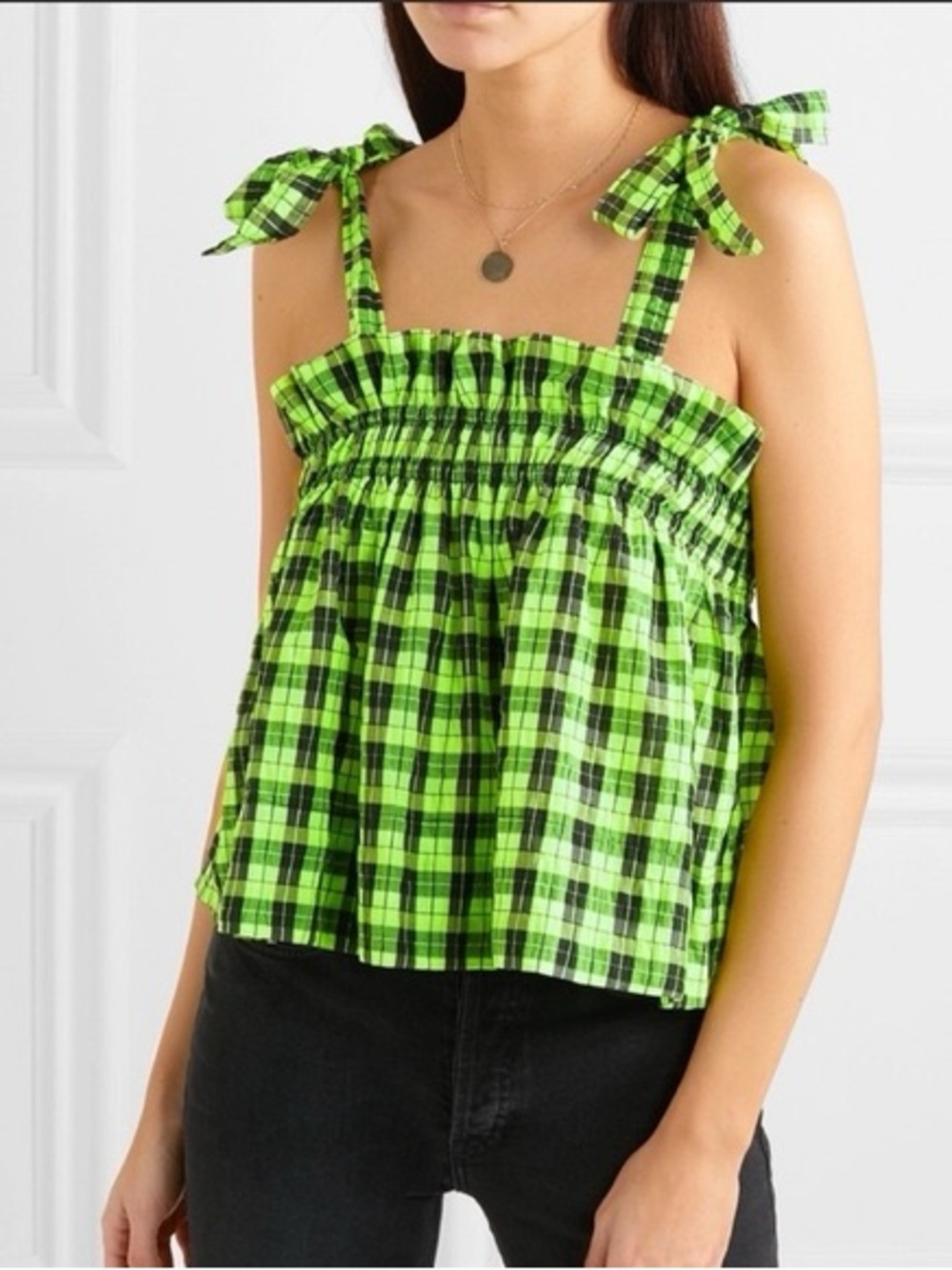 Ganni Neon Green Plaid Tie-Shoulder Smocked Camisole